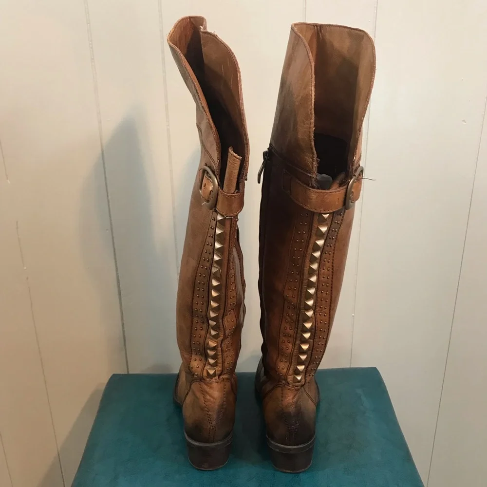 Vince Camuto Brown Leather Factory Distressed Embellished Heel Tall Boots 7.5 B - Picture 10 of 12